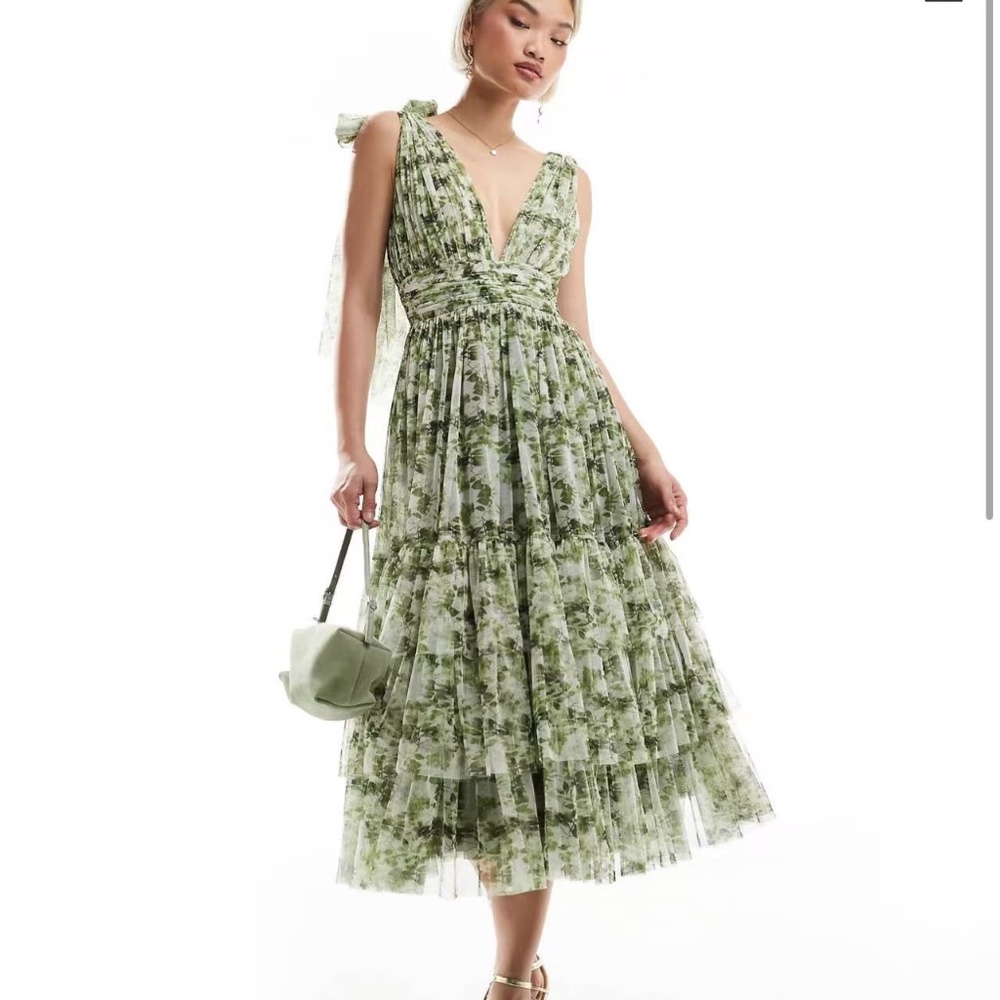 Lace & Beads Bridesmaid Madison bow shoulder midi dress in olive floral